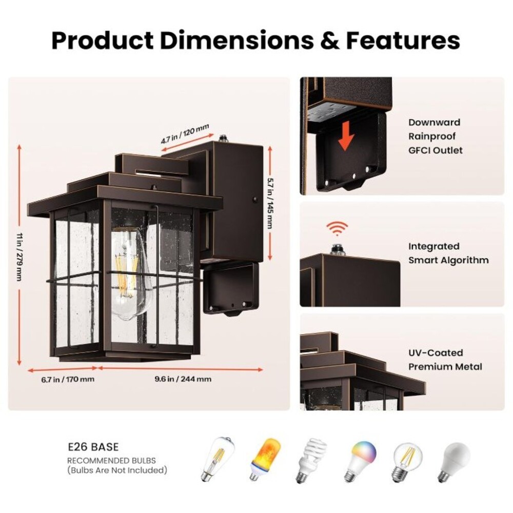 Gleamz Outdoor Wall Light with GFCI Outlet – Dusk to Dawn Sensor – ORB Gold Trim - Picture 2 of 16